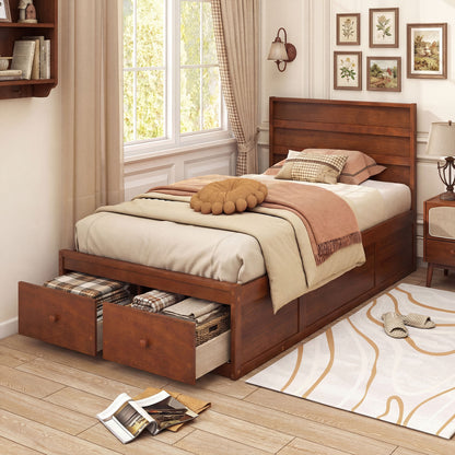 Twin Size Bed Frame with Storage Drawers and Headboard, Walnut Simple Bed Frame at Gallery Canada
