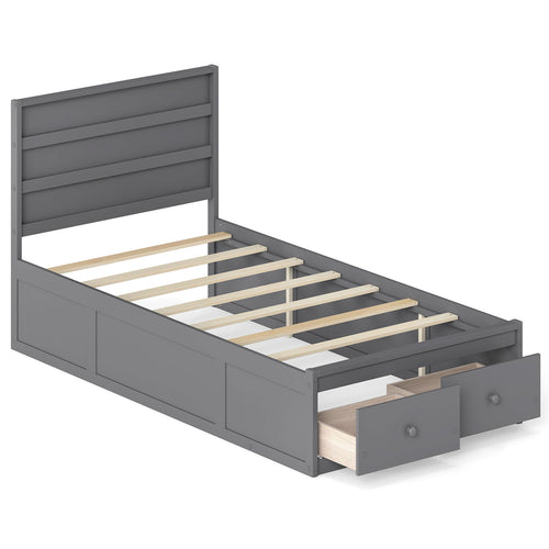 Twin Size Bed Frame with Storage Drawers and Headboard, Gray