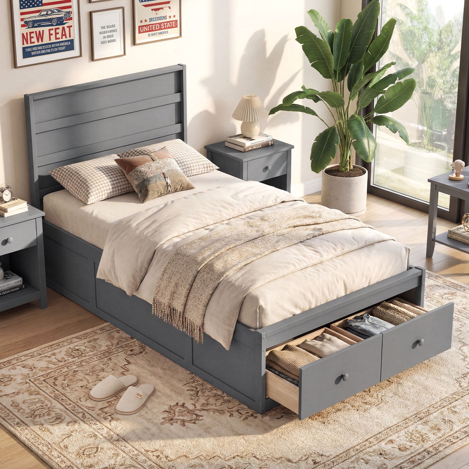 Twin Size Bed Frame with Storage Drawers and Headboard, Gray Simple Bed Frame at Gallery Canada