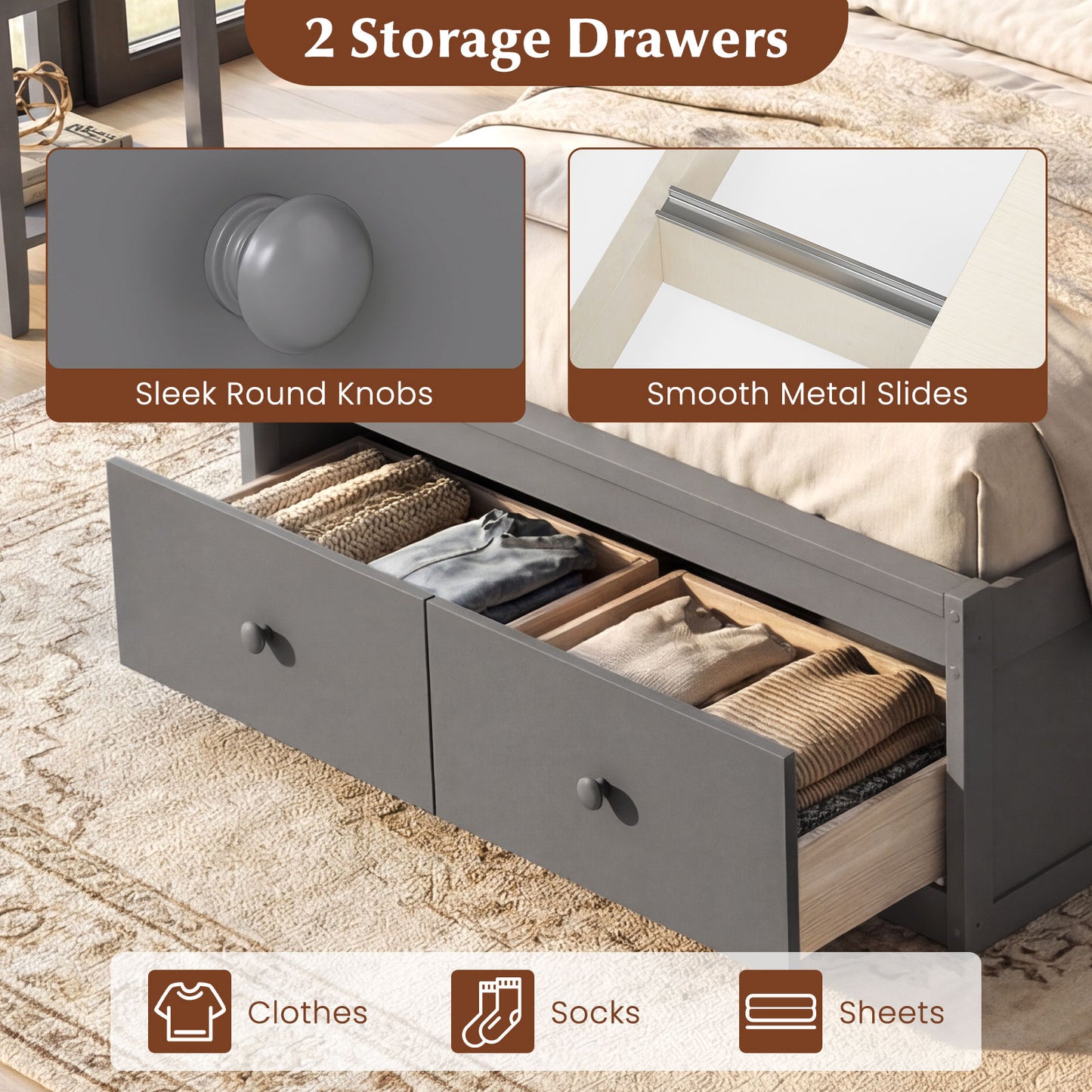 Twin Size Bed Frame with Storage Drawers and Headboard, Gray Simple Bed Frame at Gallery Canada