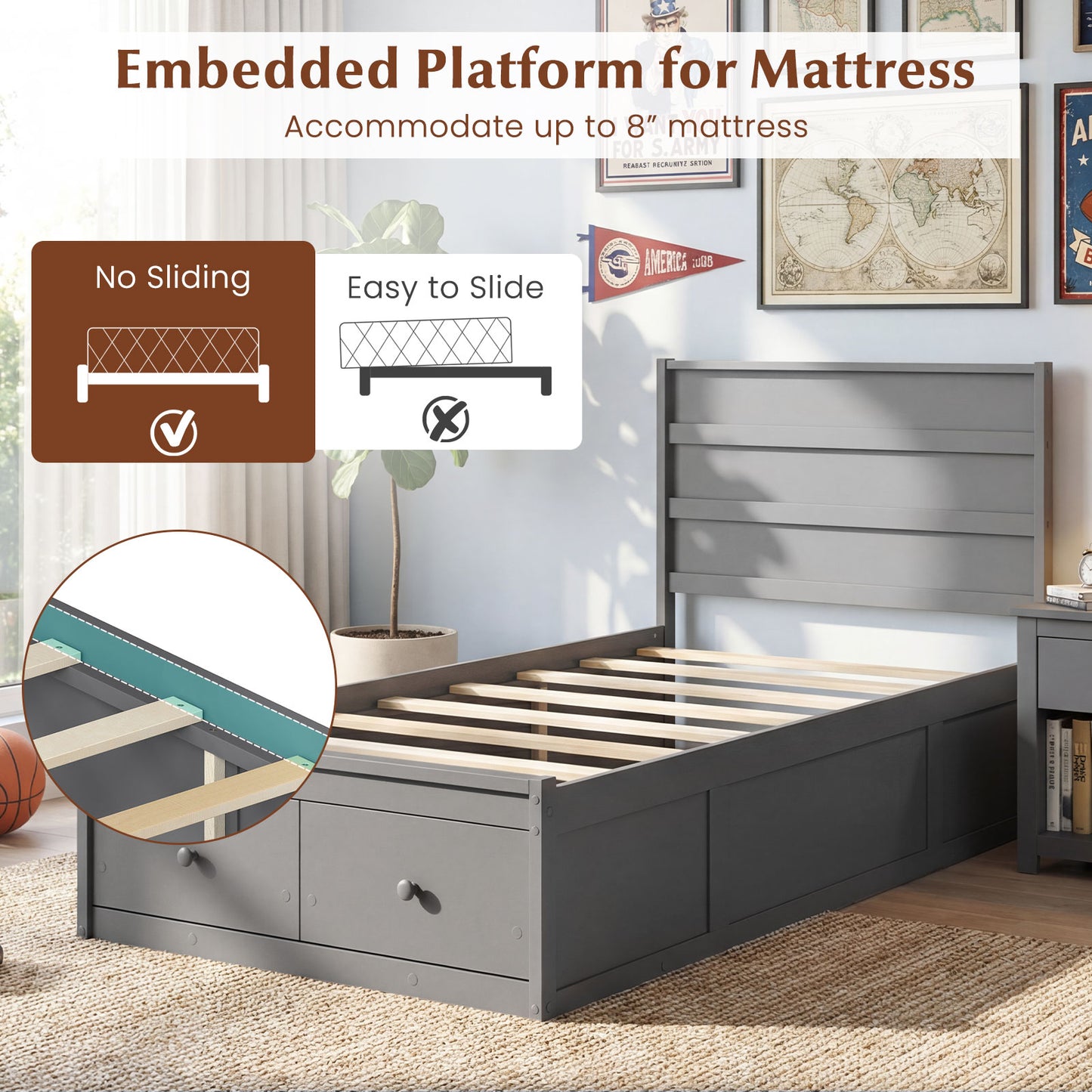 Twin Size Bed Frame with Storage Drawers and Headboard, Gray Simple Bed Frame at Gallery Canada