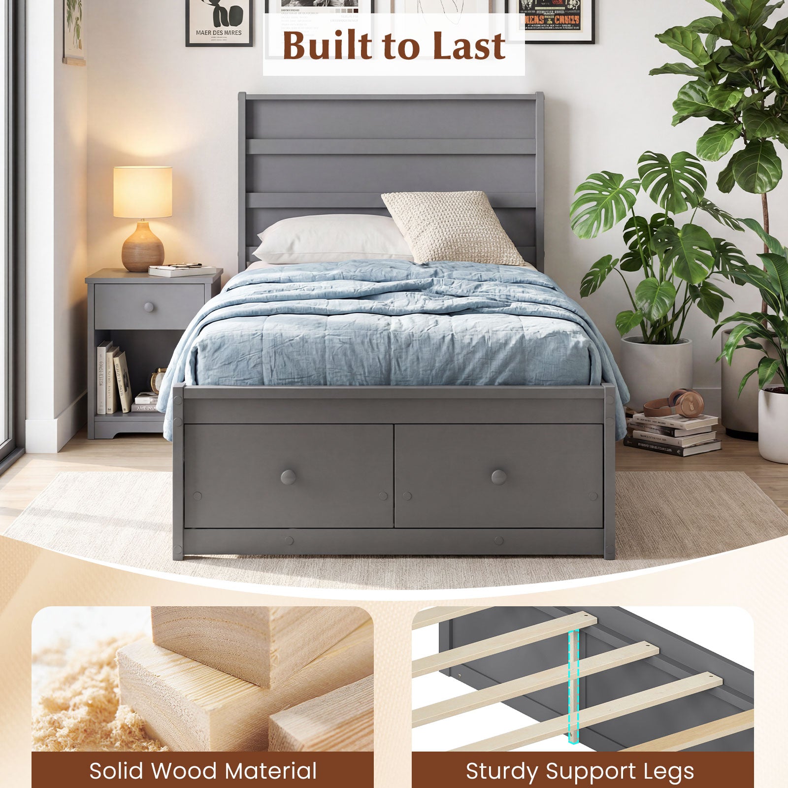 Twin Size Bed Frame with Storage Drawers and Headboard, Gray Simple Bed Frame at Gallery Canada