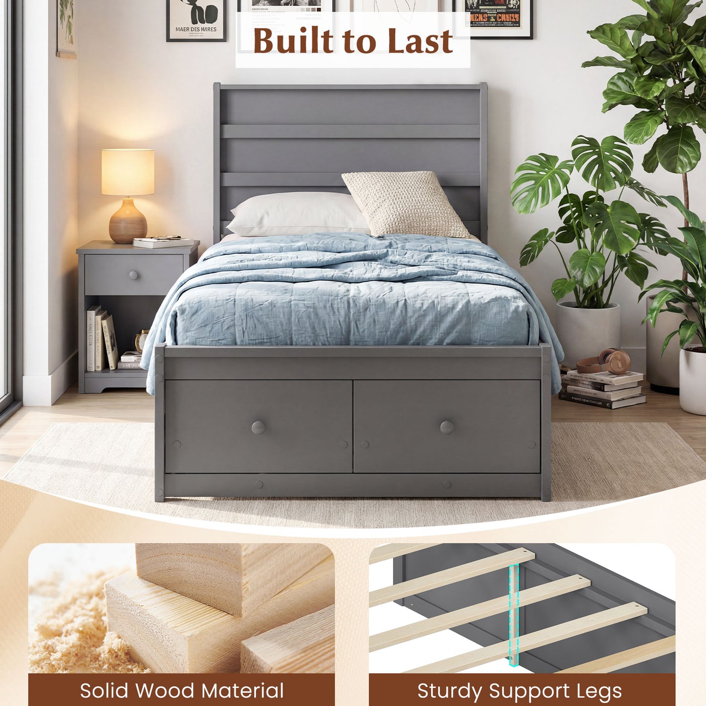 Twin Size Bed Frame with Storage Drawers and Headboard, Gray Simple Bed Frame at Gallery Canada