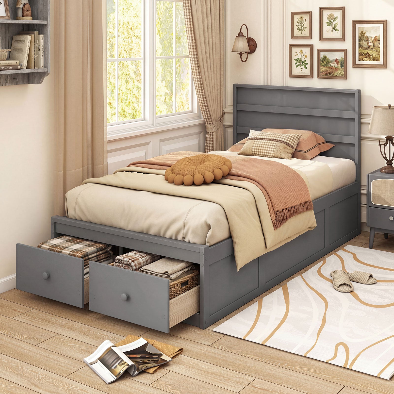 Twin Size Bed Frame with Storage Drawers and Headboard, Gray Simple Bed Frame at Gallery Canada