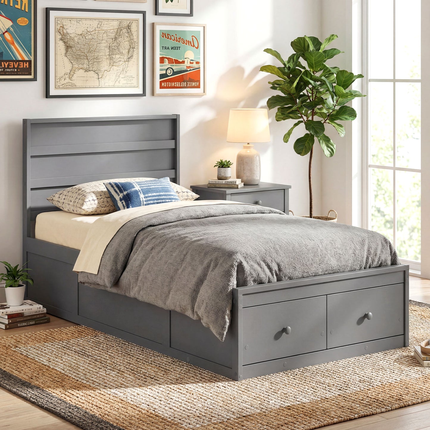 Twin Size Bed Frame with Storage Drawers and Headboard, Gray Simple Bed Frame at Gallery Canada