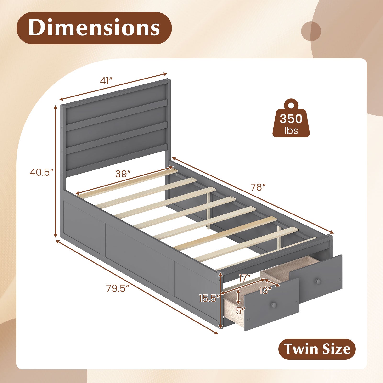 Twin Size Bed Frame with Storage Drawers and Headboard, Gray Simple Bed Frame at Gallery Canada