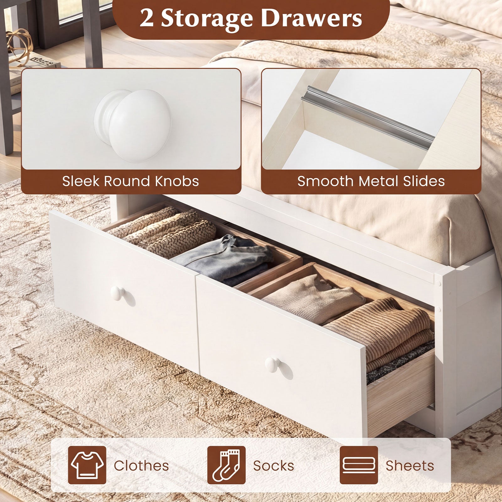 Twin Size Bed Frame with Storage Drawers and Headboard, White Simple Bed Frame at Gallery Canada