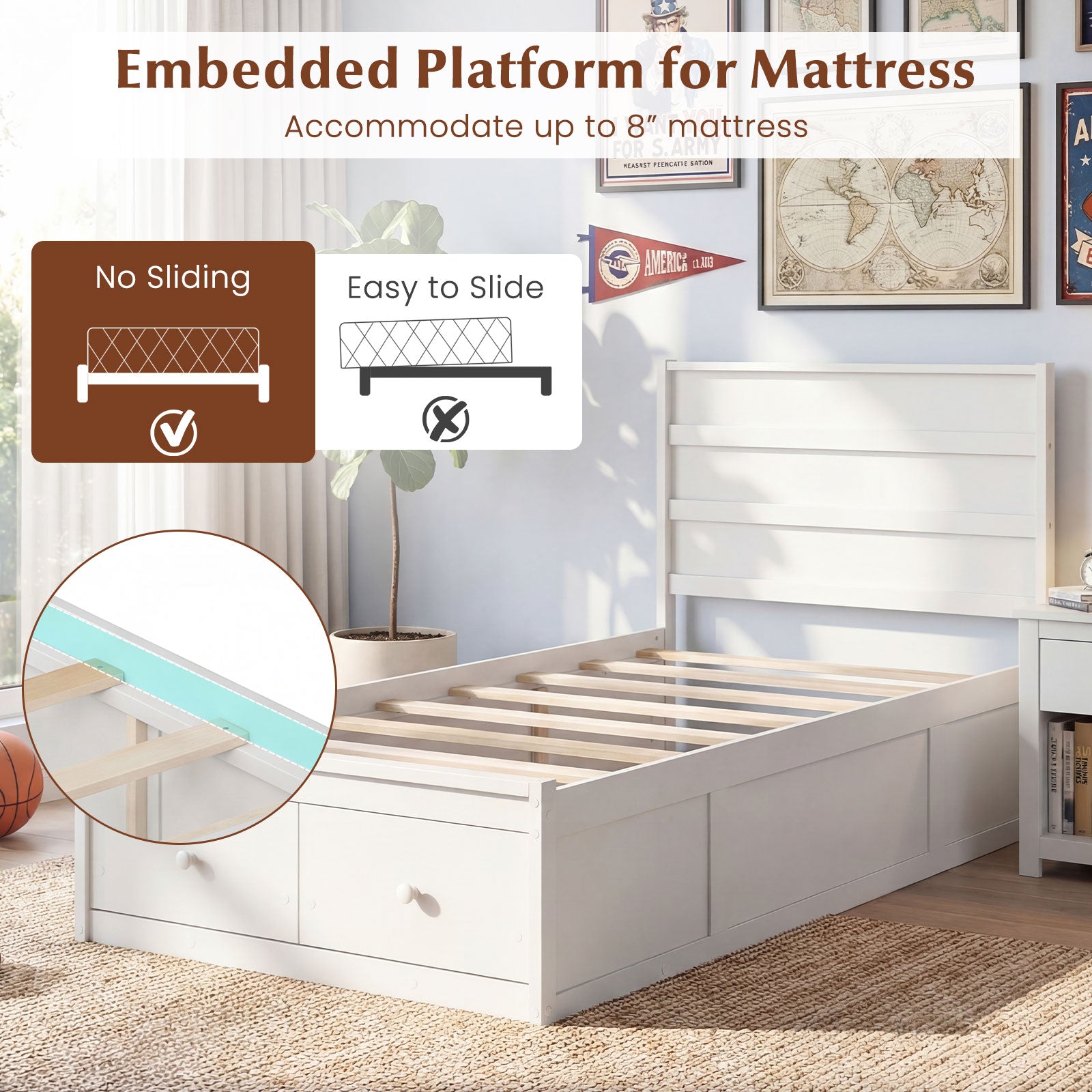 Twin Size Bed Frame with Storage Drawers and Headboard, White Simple Bed Frame at Gallery Canada