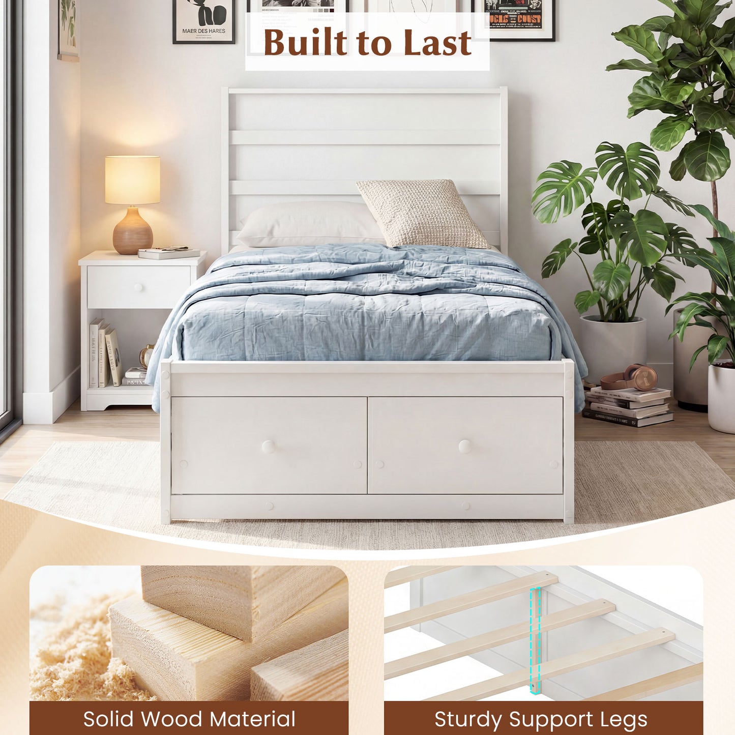 Twin Size Bed Frame with Storage Drawers and Headboard, White Simple Bed Frame at Gallery Canada