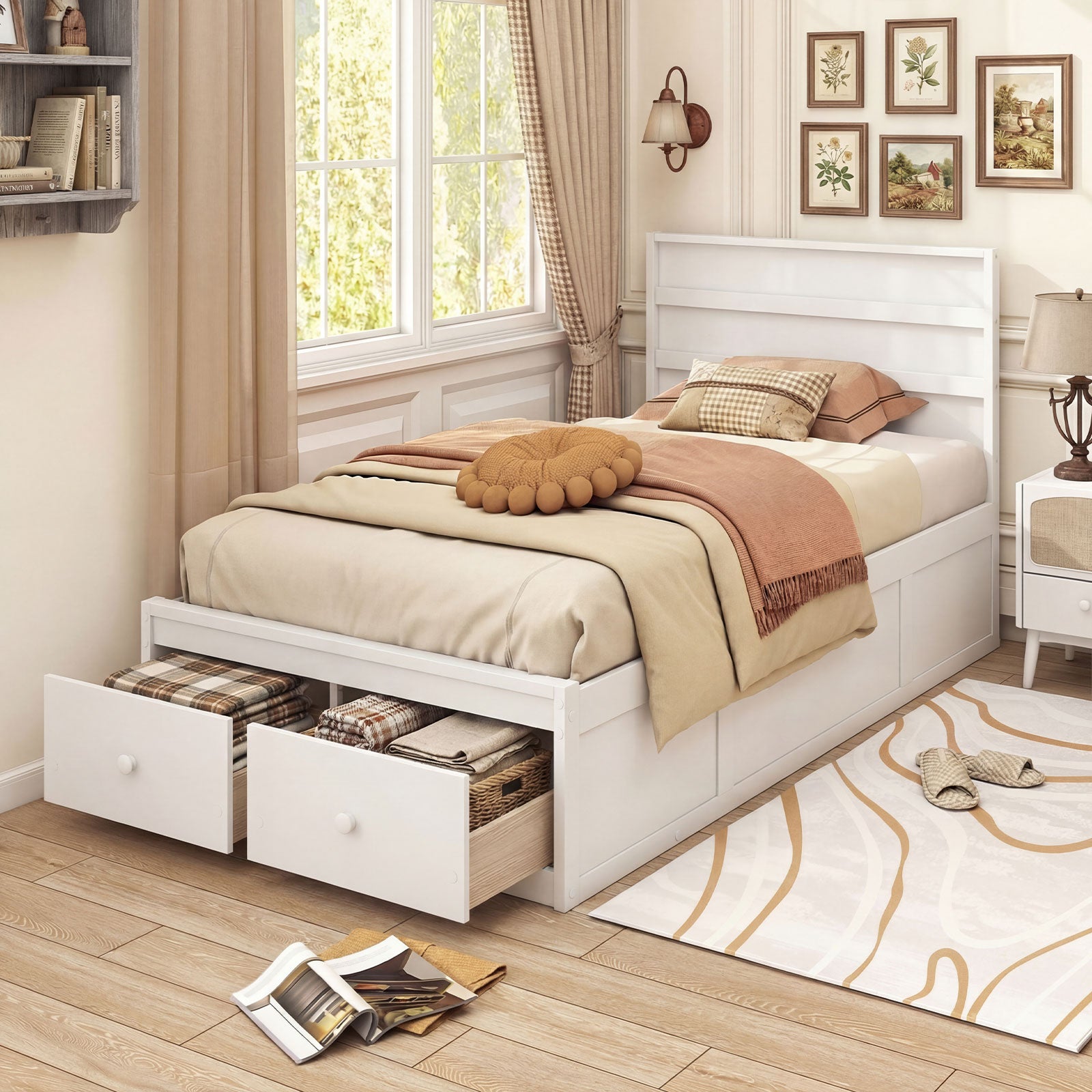 Twin Size Bed Frame with Storage Drawers and Headboard, White Simple Bed Frame at Gallery Canada