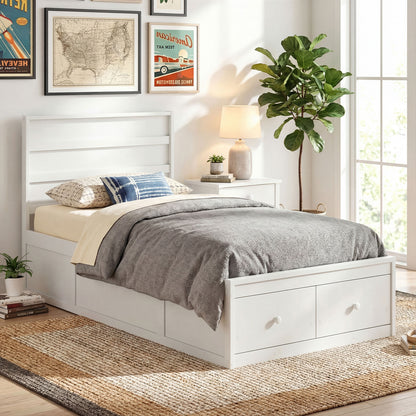 Twin Size Bed Frame with Storage Drawers and Headboard, White Simple Bed Frame at Gallery Canada