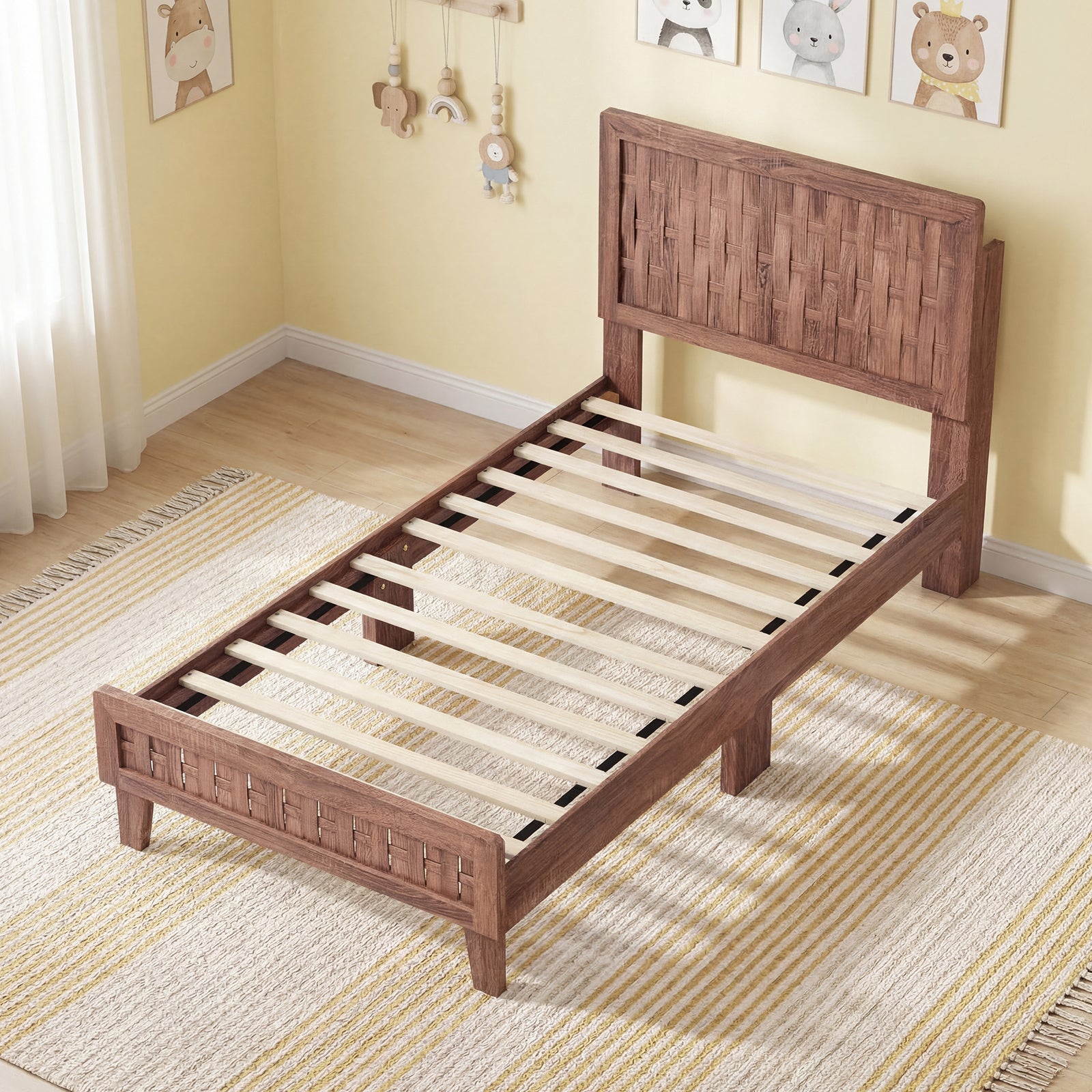 Twin Size Bed Frame, Mid Century, Woven Headboard, Walnut Simple Bed Frame at Gallery Canada