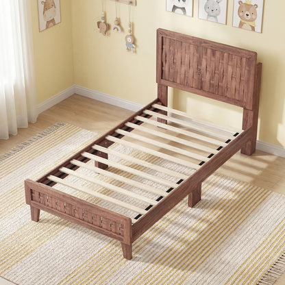 Twin Size Bed Frame, Mid Century, Woven Headboard, Walnut Simple Bed Frame at Gallery Canada