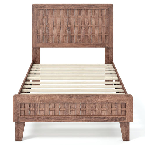 Twin Size Bed Frame, Mid Century, Woven Headboard, Walnut
