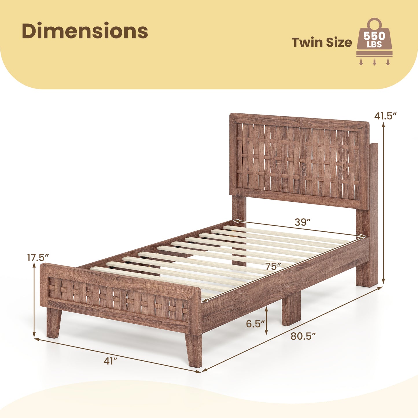 Twin Size Bed Frame, Mid Century, Woven Headboard, Walnut Simple Bed Frame at Gallery Canada