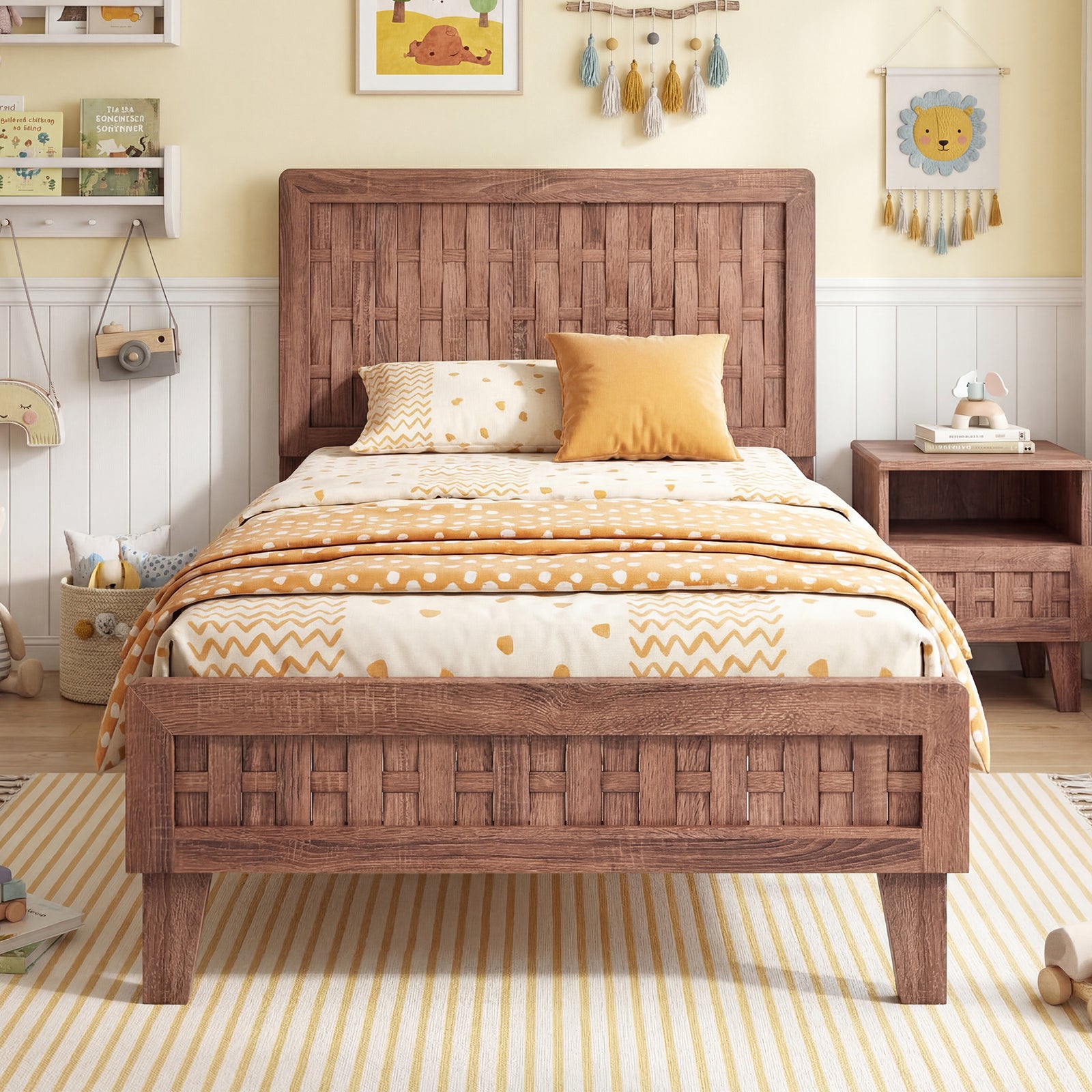 Twin Size Bed Frame, Mid Century, Woven Headboard, Walnut Simple Bed Frame at Gallery Canada