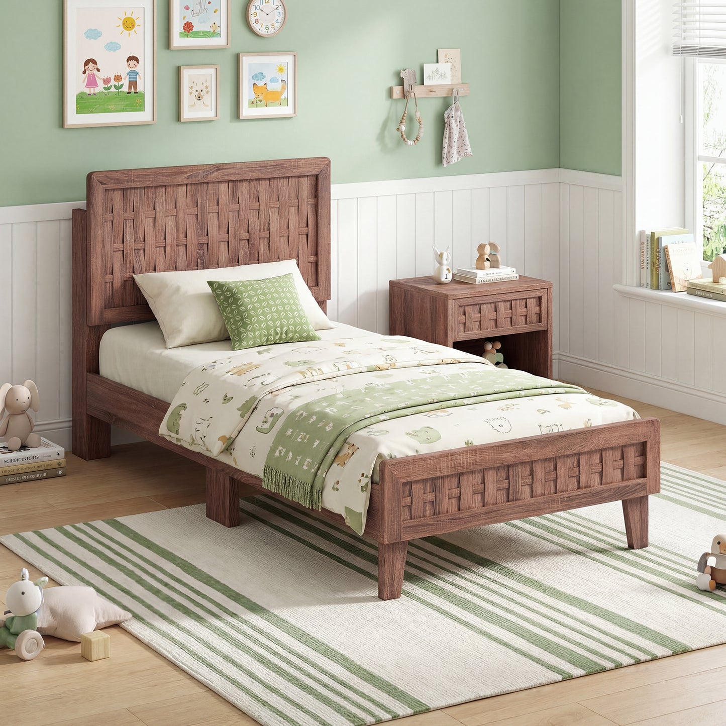Twin Size Bed Frame, Mid Century, Woven Headboard, Walnut Simple Bed Frame at Gallery Canada