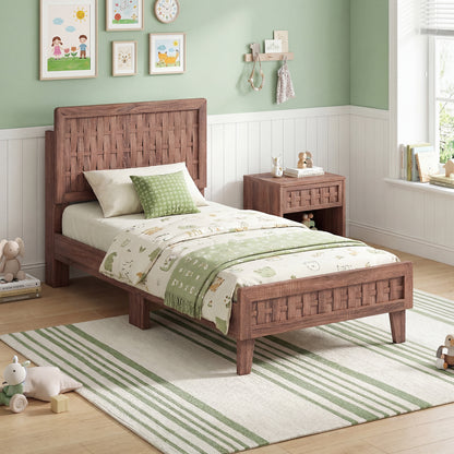 Twin Size Bed Frame, Mid Century, Woven Headboard, Walnut Simple Bed Frame at Gallery Canada