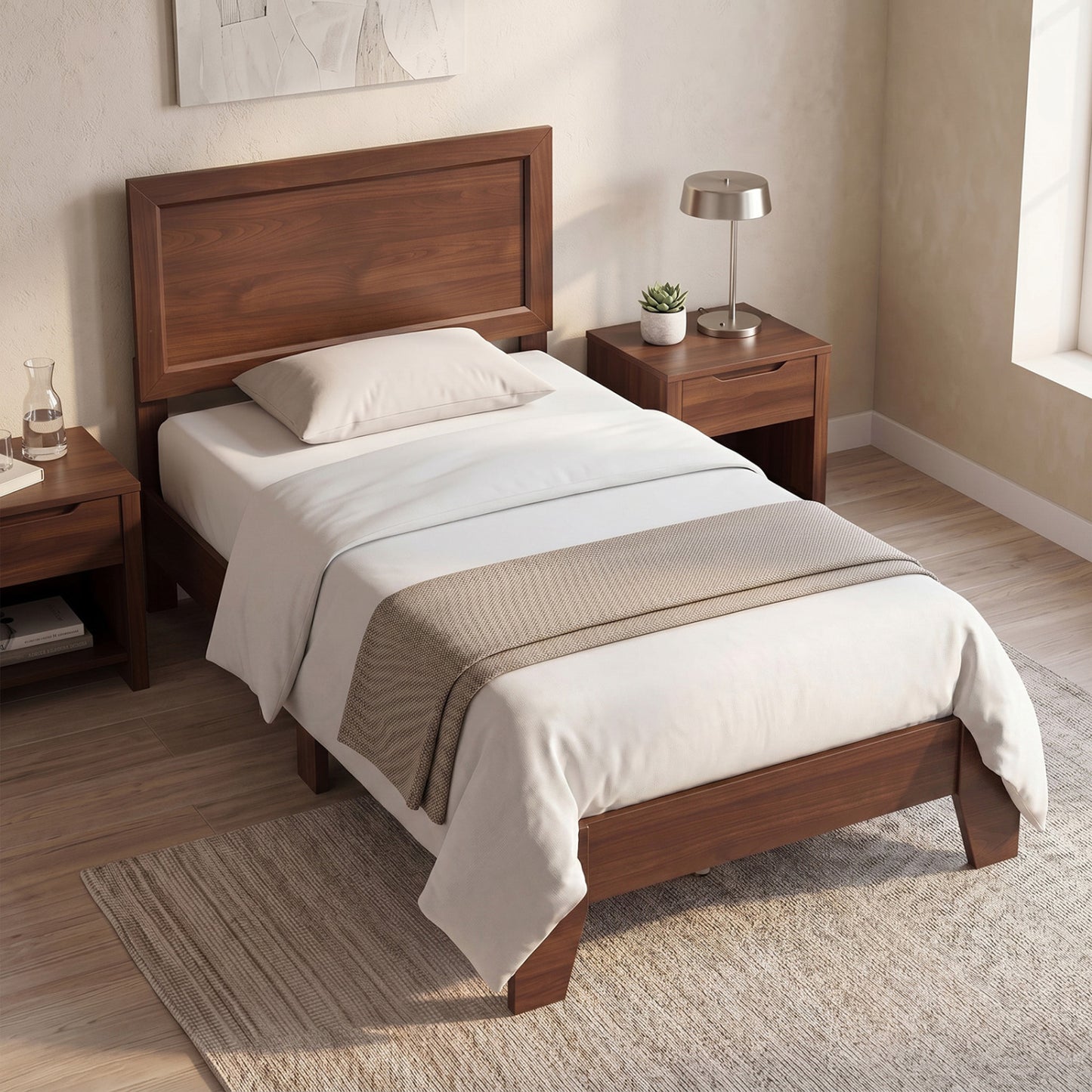 Twin Bed Frame with Headboard, No Box Spring Needed, Walnut