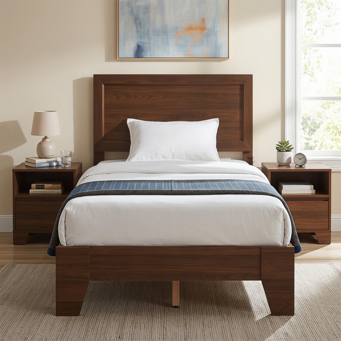 Twin Bed Frame with Headboard, No Box Spring Needed, Walnut