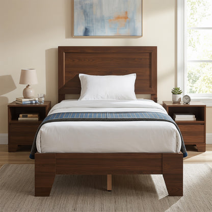 Twin Bed Frame with Headboard, No Box Spring Needed, Walnut