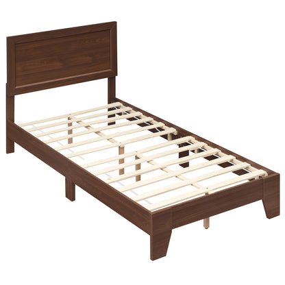 Twin Bed Frame with Headboard, No Box Spring Needed, Walnut