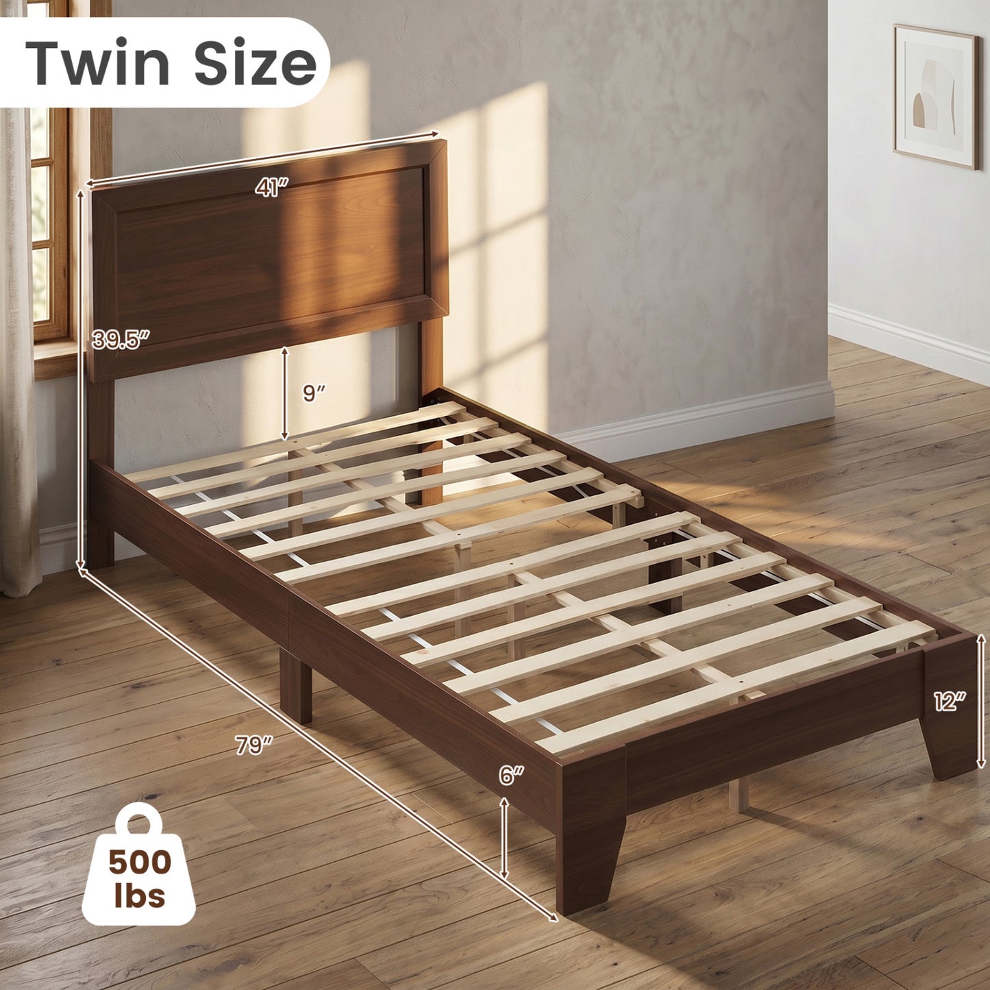 Twin Bed Frame with Headboard, No Box Spring Needed, Walnut