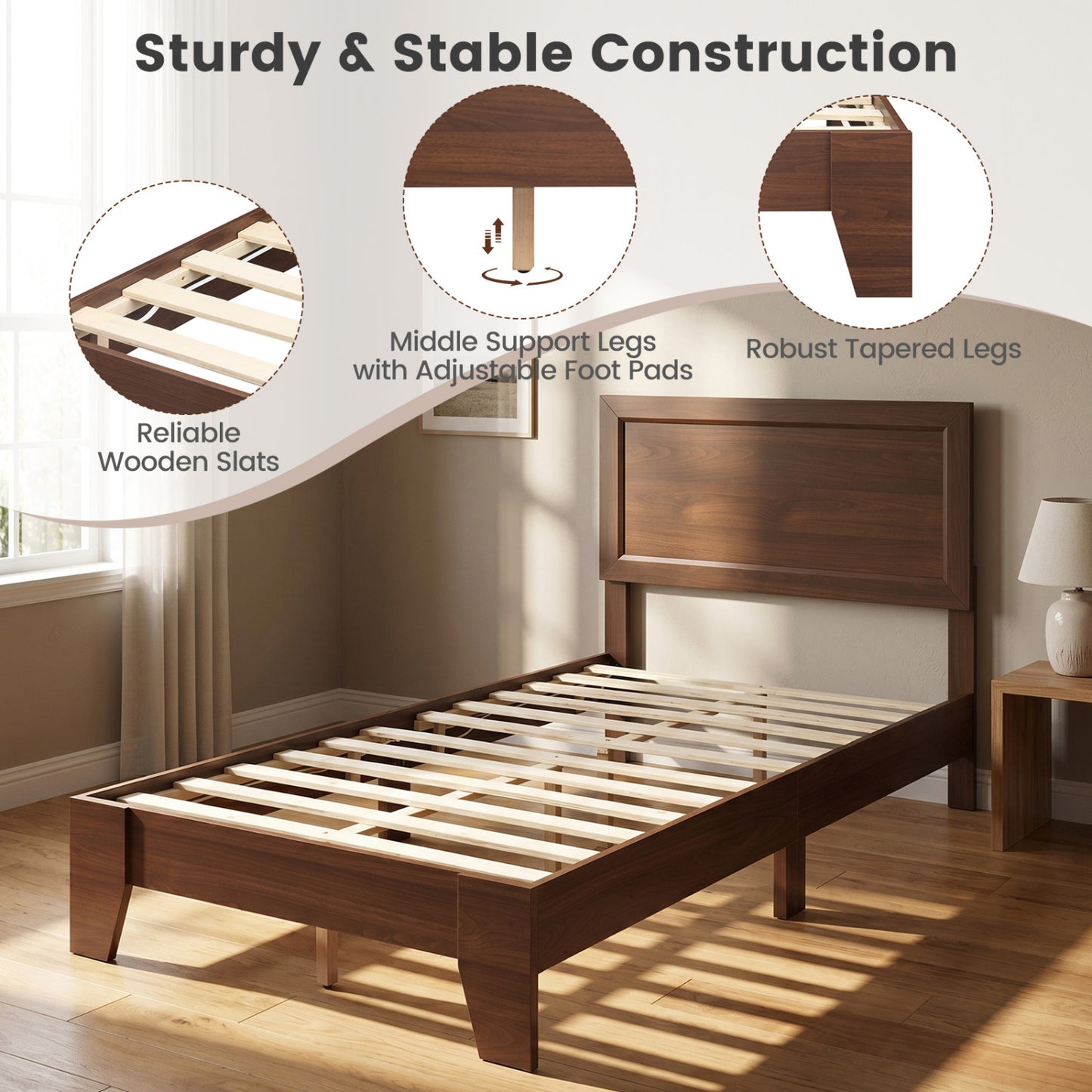 Twin Bed Frame with Headboard, No Box Spring Needed, Walnut