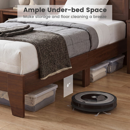 Twin Bed Frame with Headboard, No Box Spring Needed, Walnut