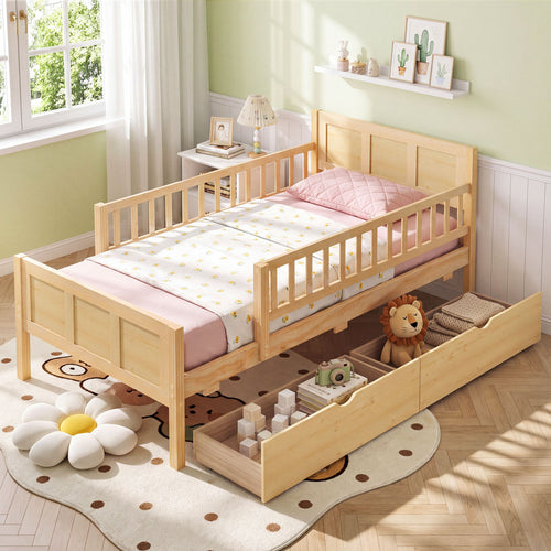 Twin Size Bed Frame with Storage Drawers, Natural