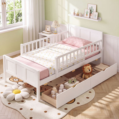 Twin Bed Frame with Detachable Guardrails, White