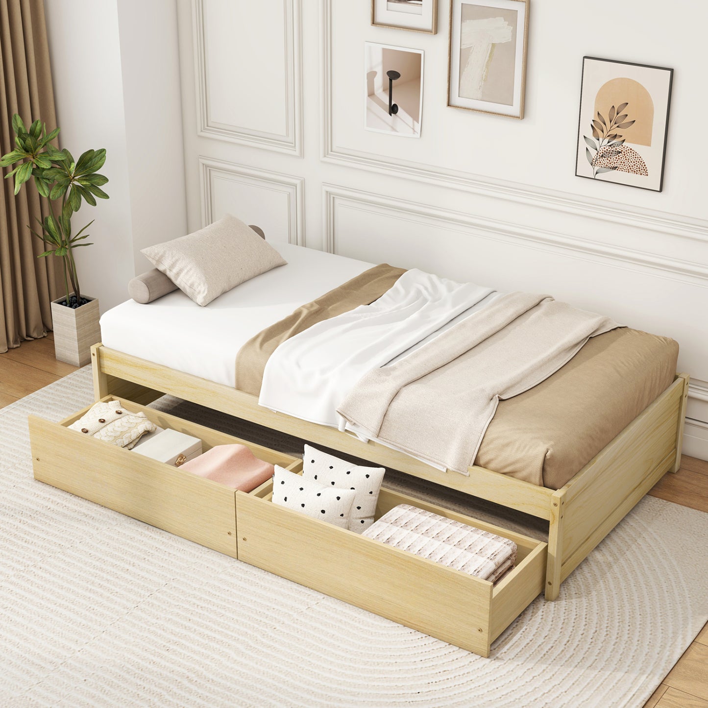Twin Size Captain Bed, 2 Drawers, Slats Support, Natural Simple Bed Frame at Gallery Canada