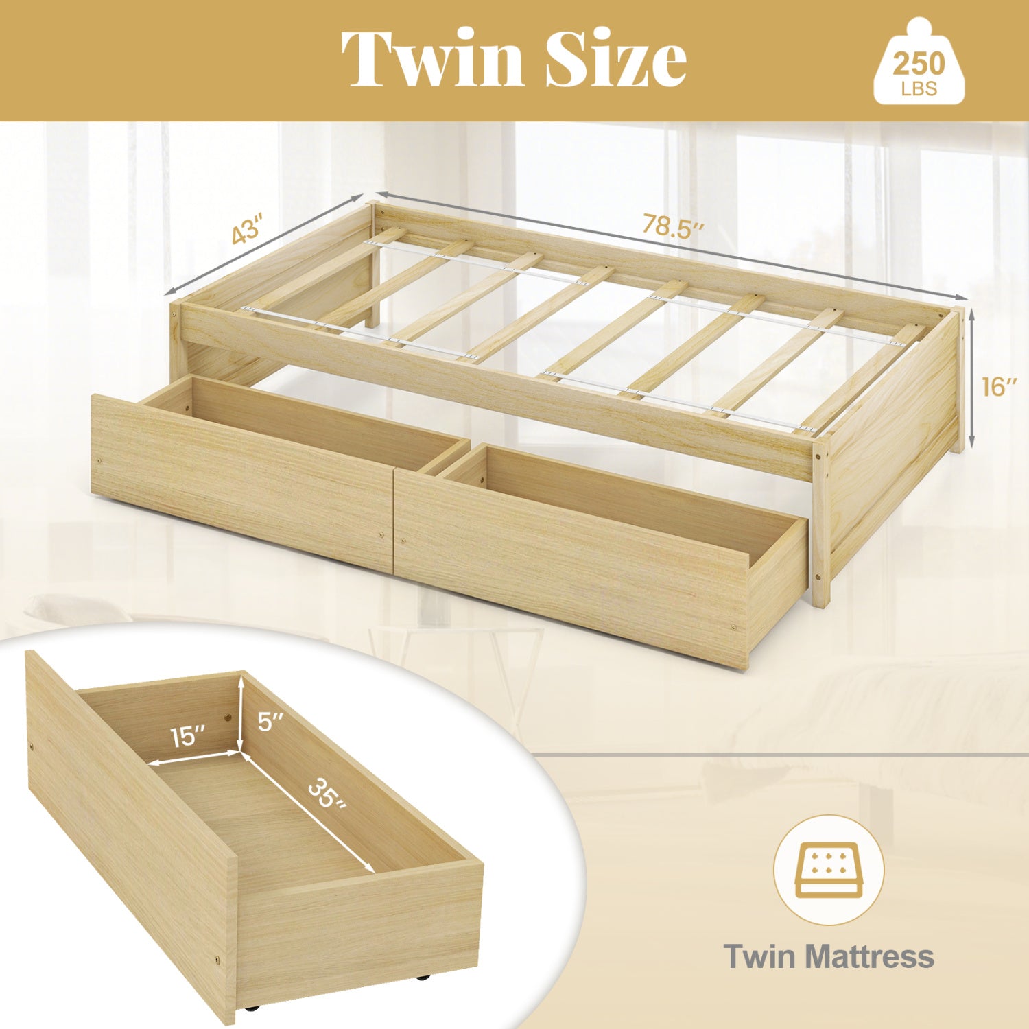 Twin Size Captain Bed, 2 Drawers, Slats Support, Natural Simple Bed Frame at Gallery Canada