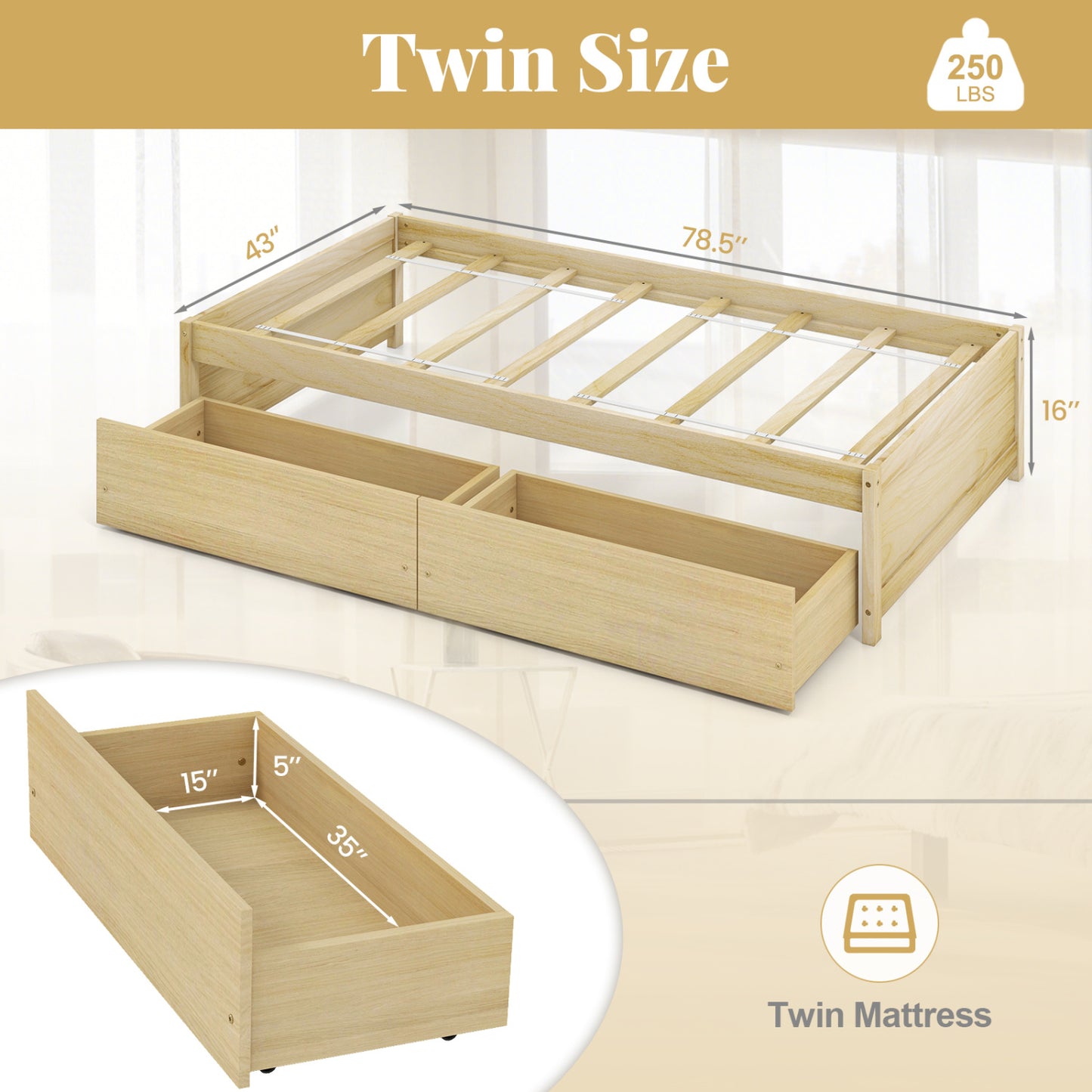 Twin Size Captain Bed, 2 Drawers, Slats Support, Natural Simple Bed Frame at Gallery Canada