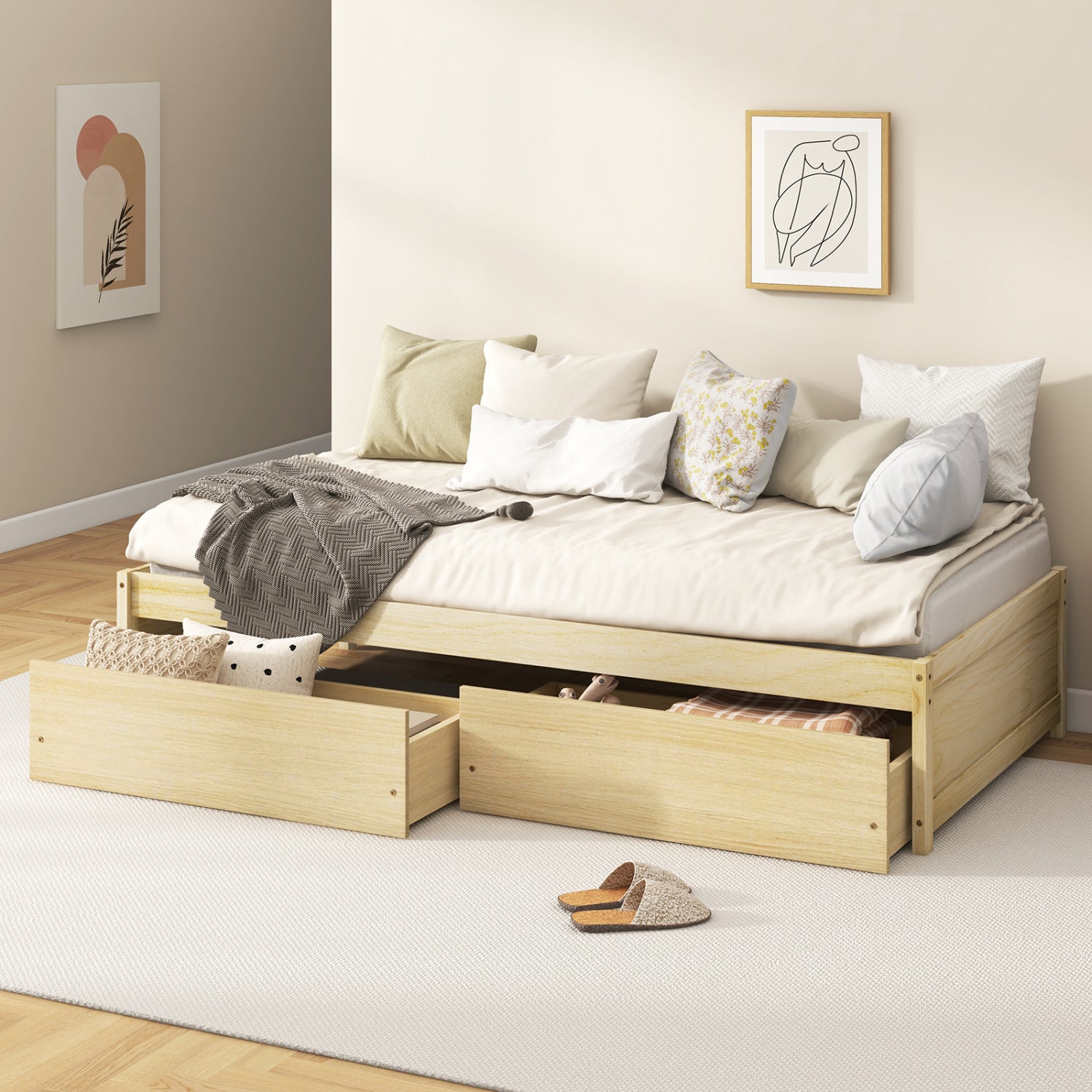 Twin Size Captain Bed, 2 Drawers, Slats Support, Natural Simple Bed Frame at Gallery Canada
