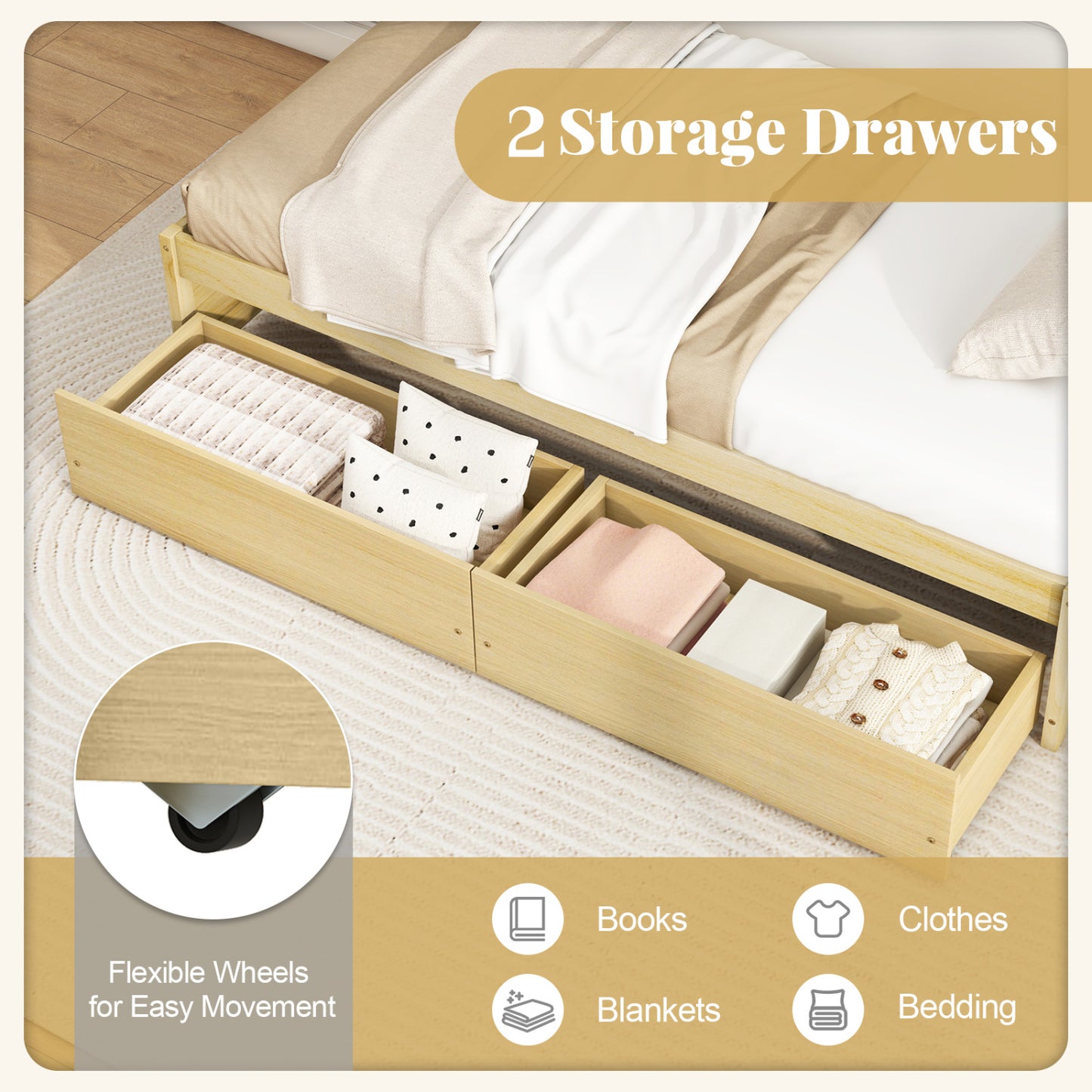 Twin Size Captain Bed, 2 Drawers, Slats Support, Natural Simple Bed Frame at Gallery Canada