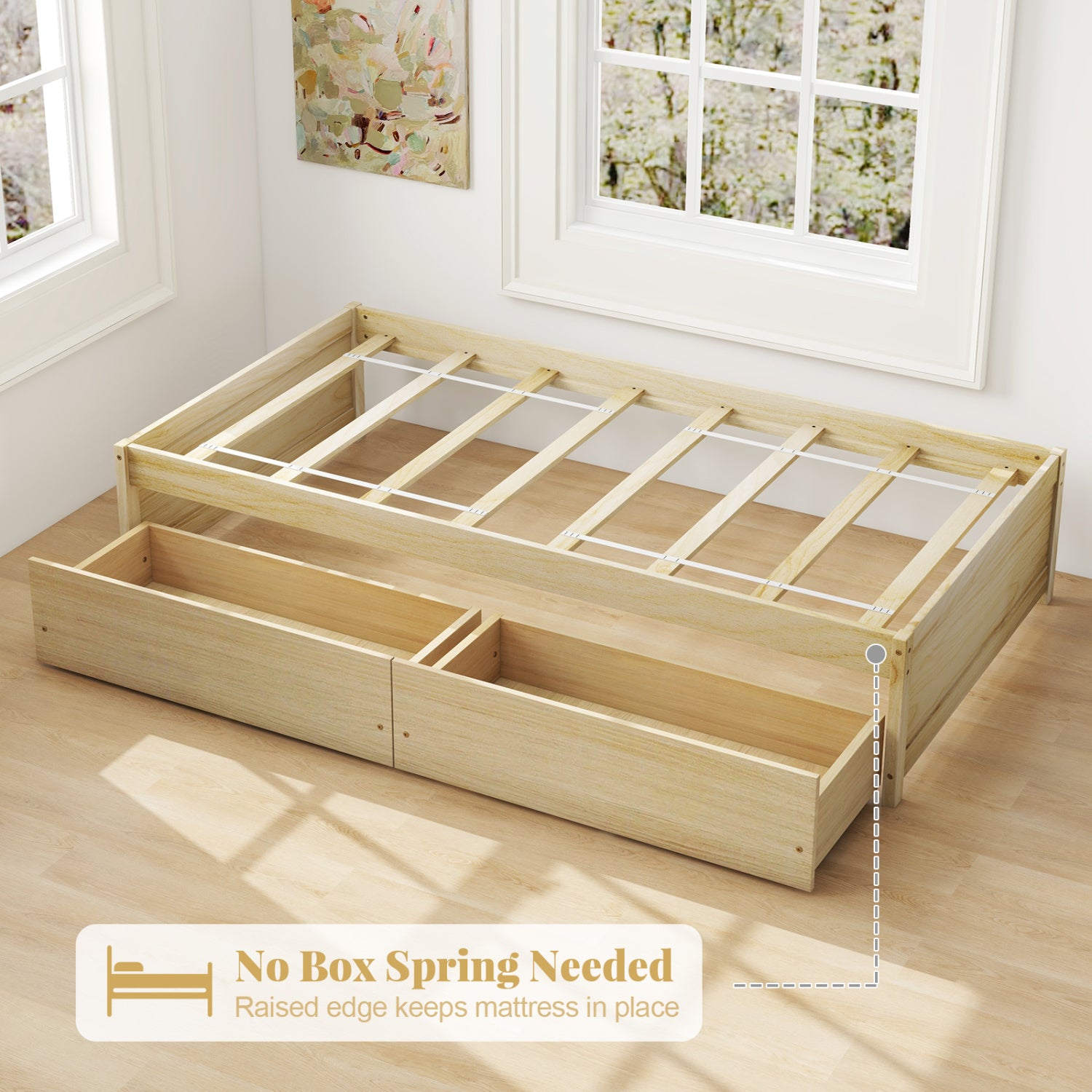 Twin Size Captain Bed, 2 Drawers, Slats Support, Natural Simple Bed Frame at Gallery Canada