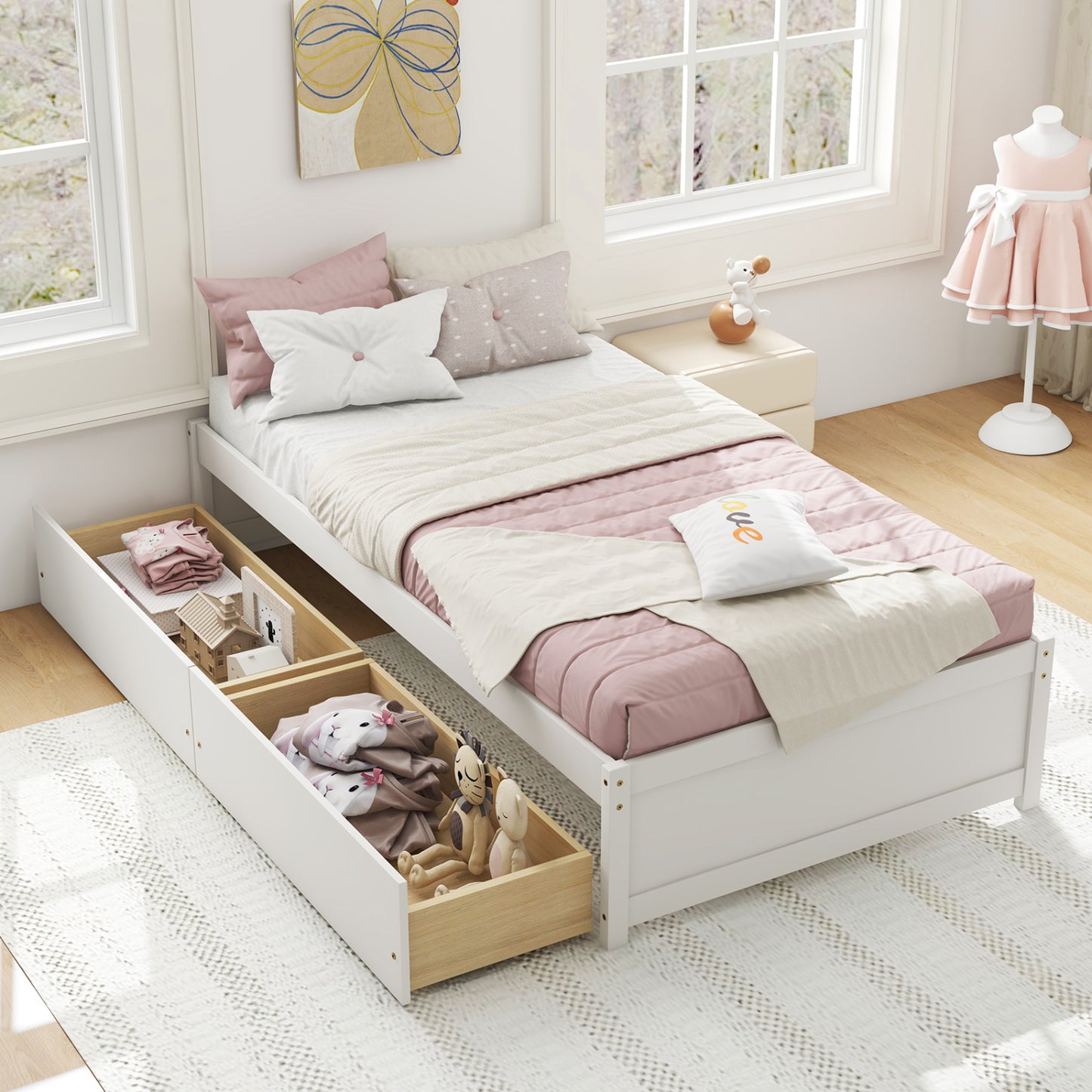 Twin Size Captain Bed, 2 Drawers, Slats Support, White Simple Bed Frame at Gallery Canada