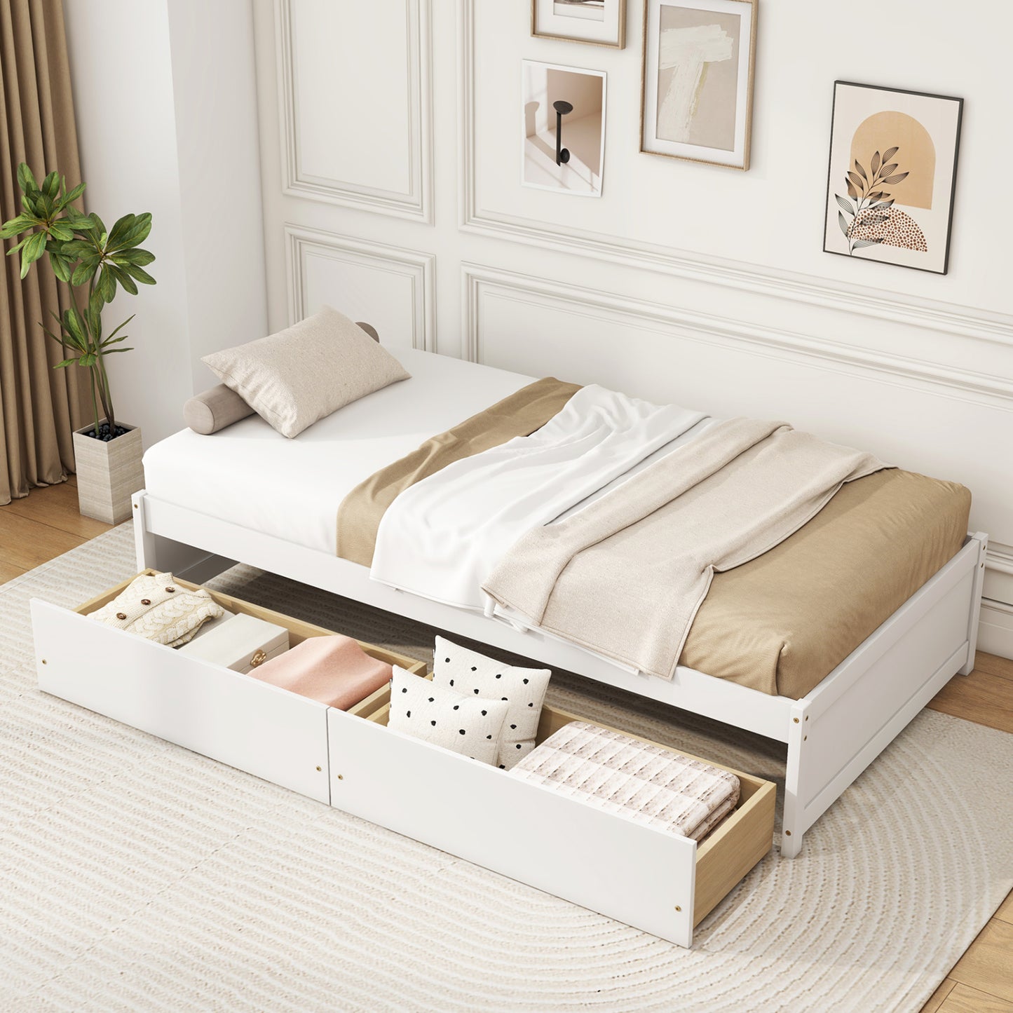 Twin Size Captain Bed, 2 Drawers, Slats Support, White Simple Bed Frame at Gallery Canada