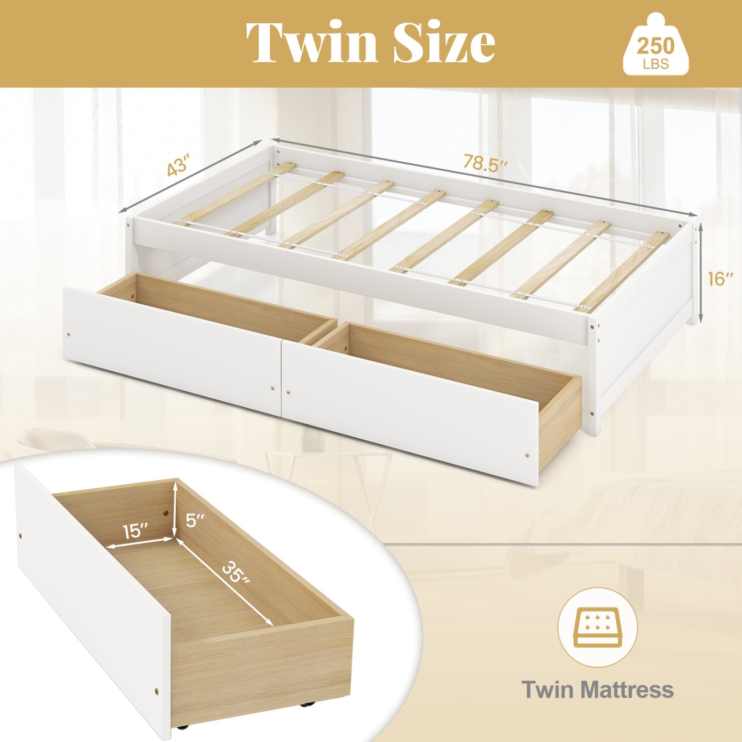Twin Size Captain Bed, 2 Drawers, Slats Support, White Simple Bed Frame at Gallery Canada
