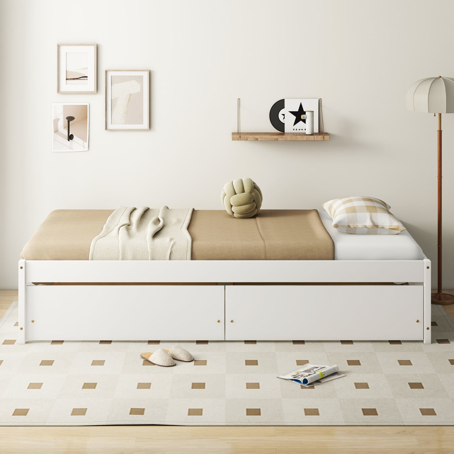 Twin Size Captain Bed, 2 Drawers, Slats Support, White Simple Bed Frame at Gallery Canada
