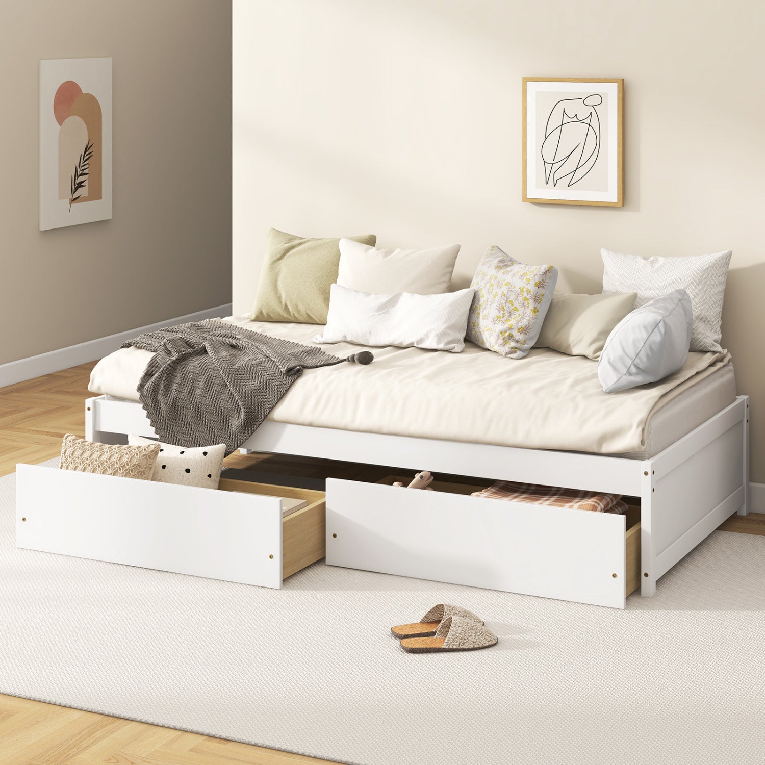 Twin Size Captain Bed, 2 Drawers, Slats Support, White Simple Bed Frame at Gallery Canada