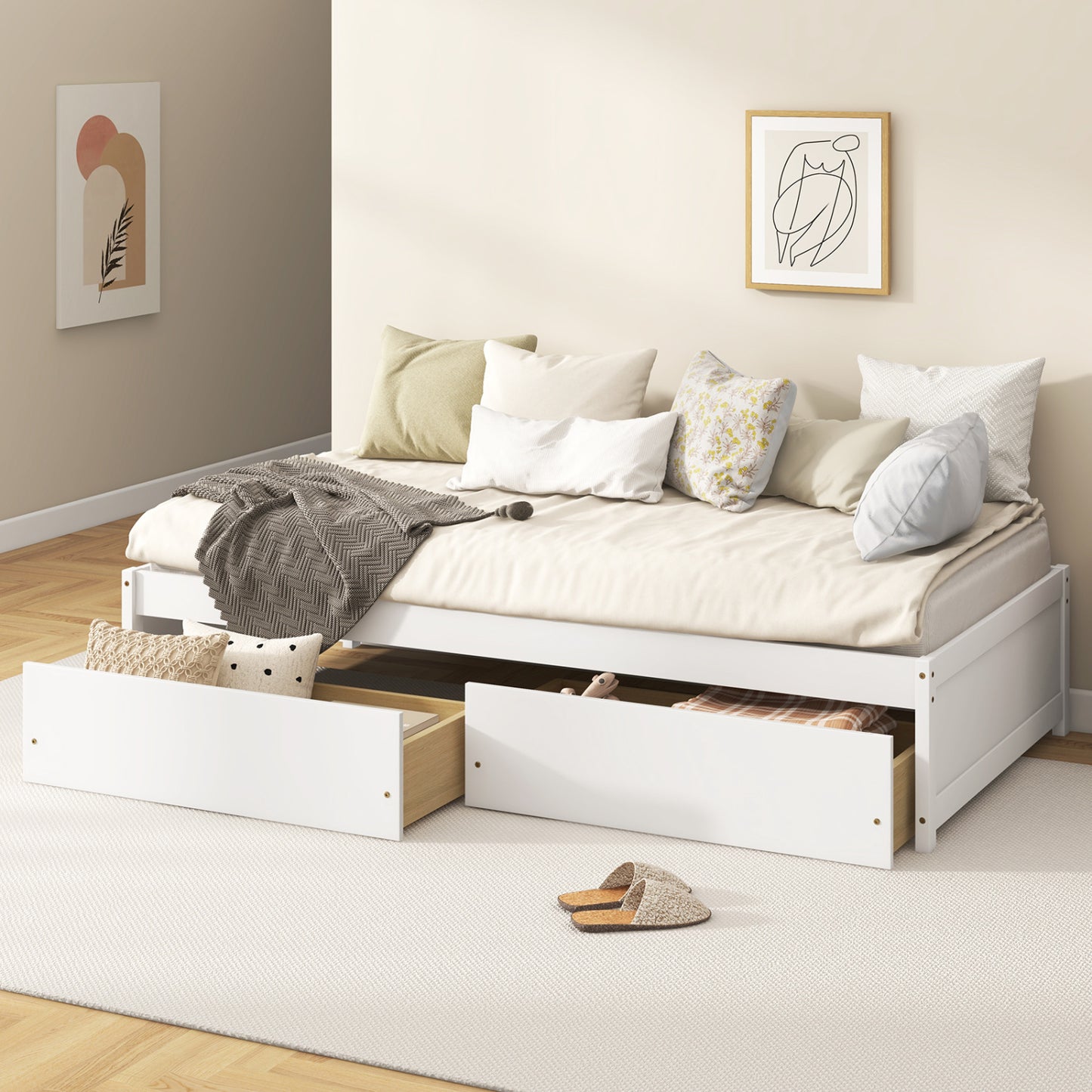 Twin Size Captain Bed, 2 Drawers, Slats Support, White Simple Bed Frame at Gallery Canada