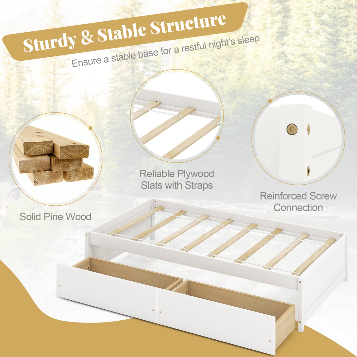 Twin Size Captain Bed, 2 Drawers, Slats Support, White Simple Bed Frame at Gallery Canada