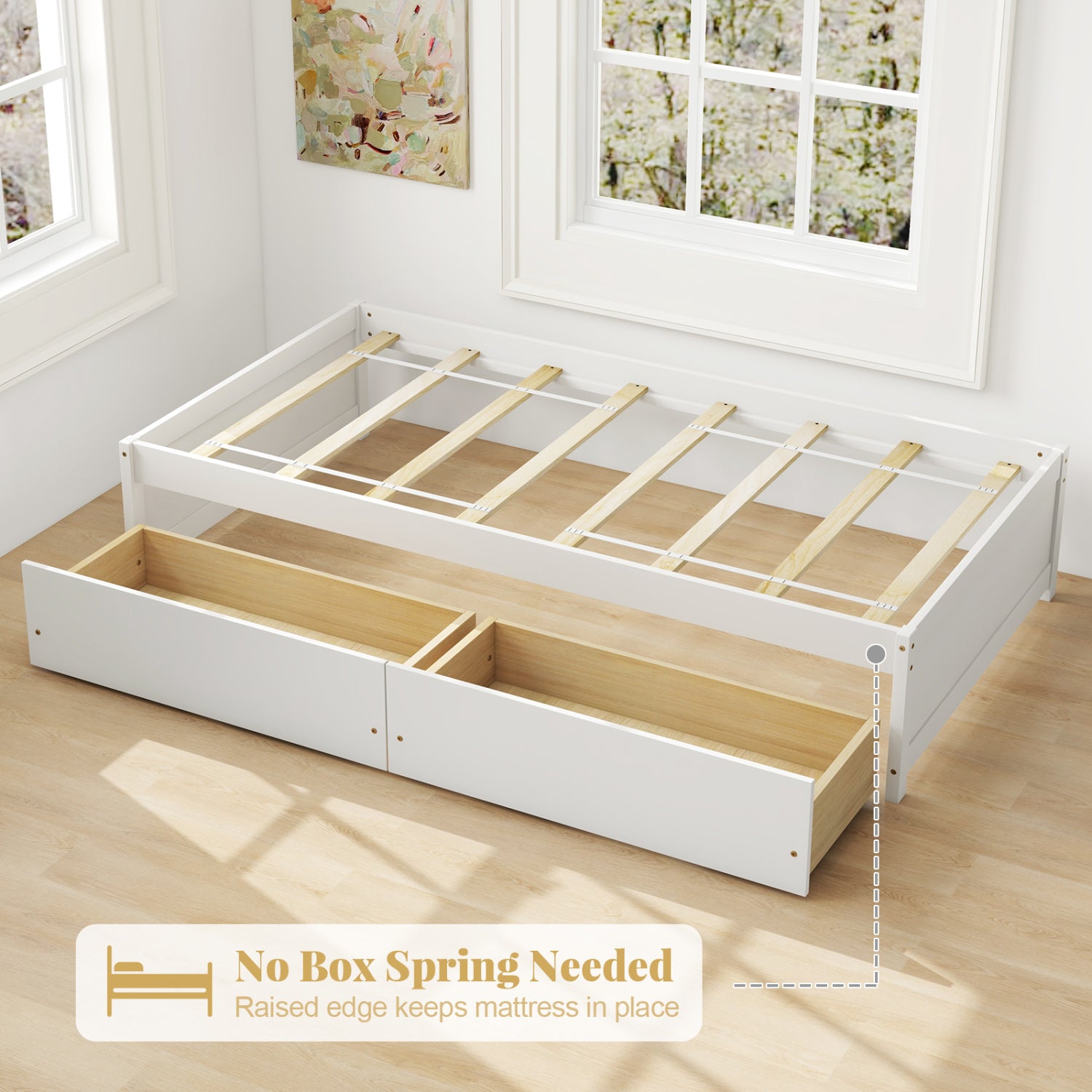 Twin Size Captain Bed, 2 Drawers, Slats Support, White Simple Bed Frame at Gallery Canada