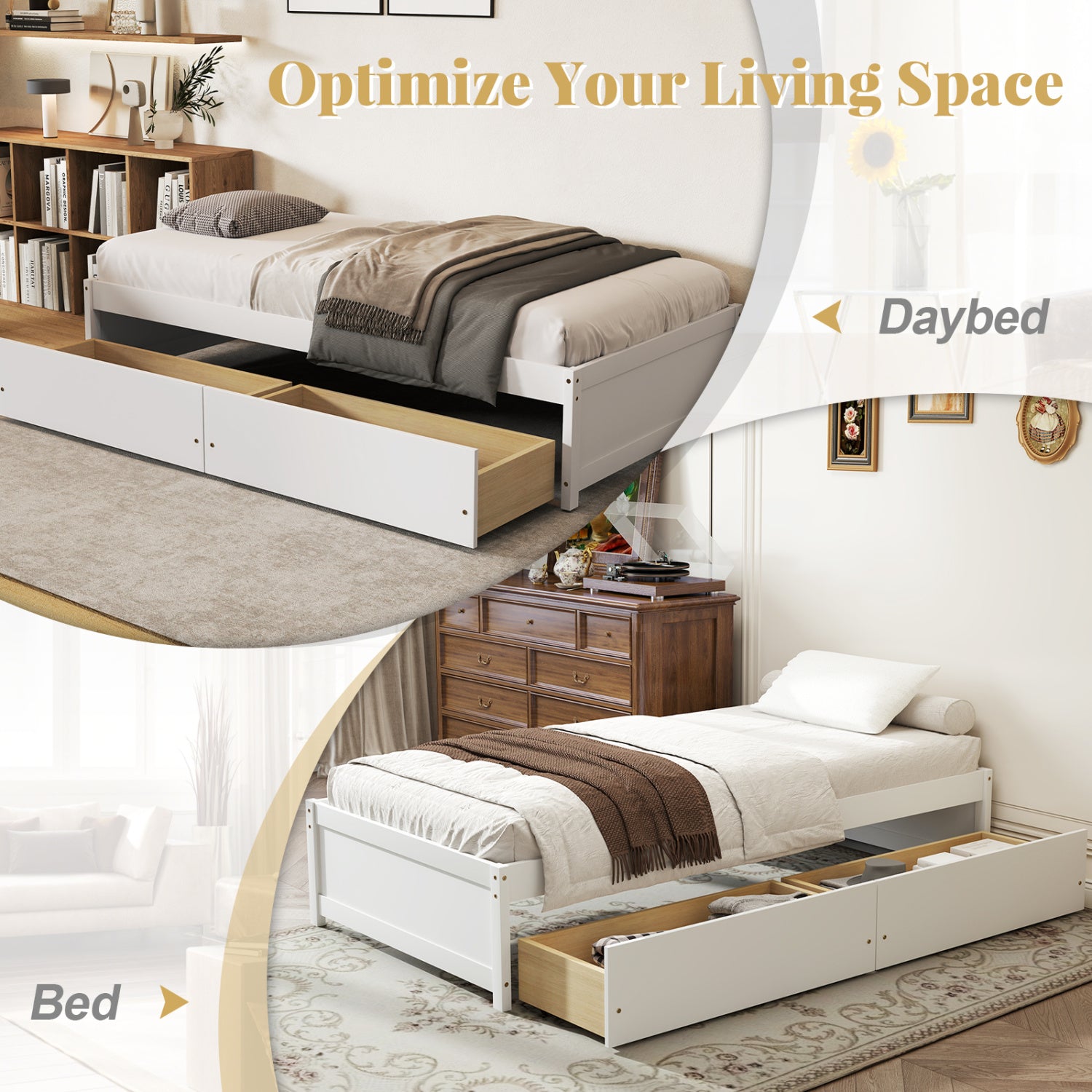 Twin Size Captain Bed, 2 Drawers, Slats Support, White Simple Bed Frame at Gallery Canada