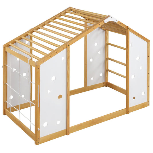 Twin Size Climbing Bed 2-in-1 Montessori Floor Bed with Monkey Bars-Natural and White, Natural & White Toddler Beds Natural & White at Gallery Canada