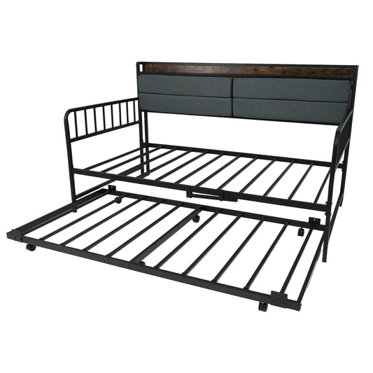 Twin Size Daybed With Trundle, Metal Frame, Headboard, Rustic Brown Trundle Bed Frame Rustic Brown at Gallery Canada