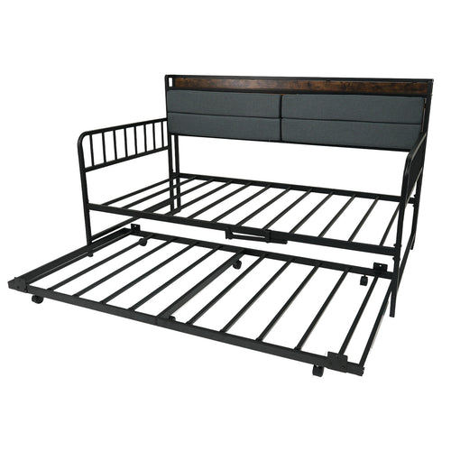 Twin Size Daybed With Trundle, Metal Frame, Headboard, Rustic Brown
