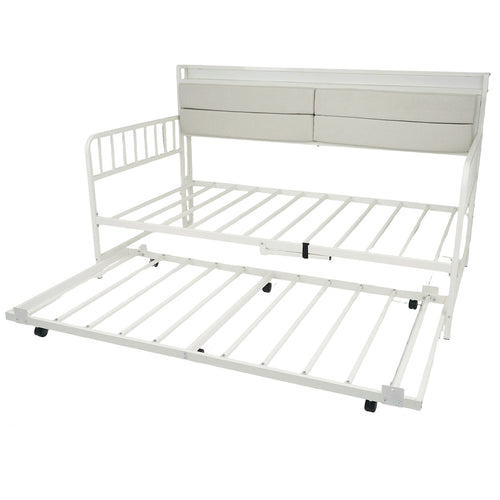 Twin Daybed With Trundle, Metal Frame, Headboard, White